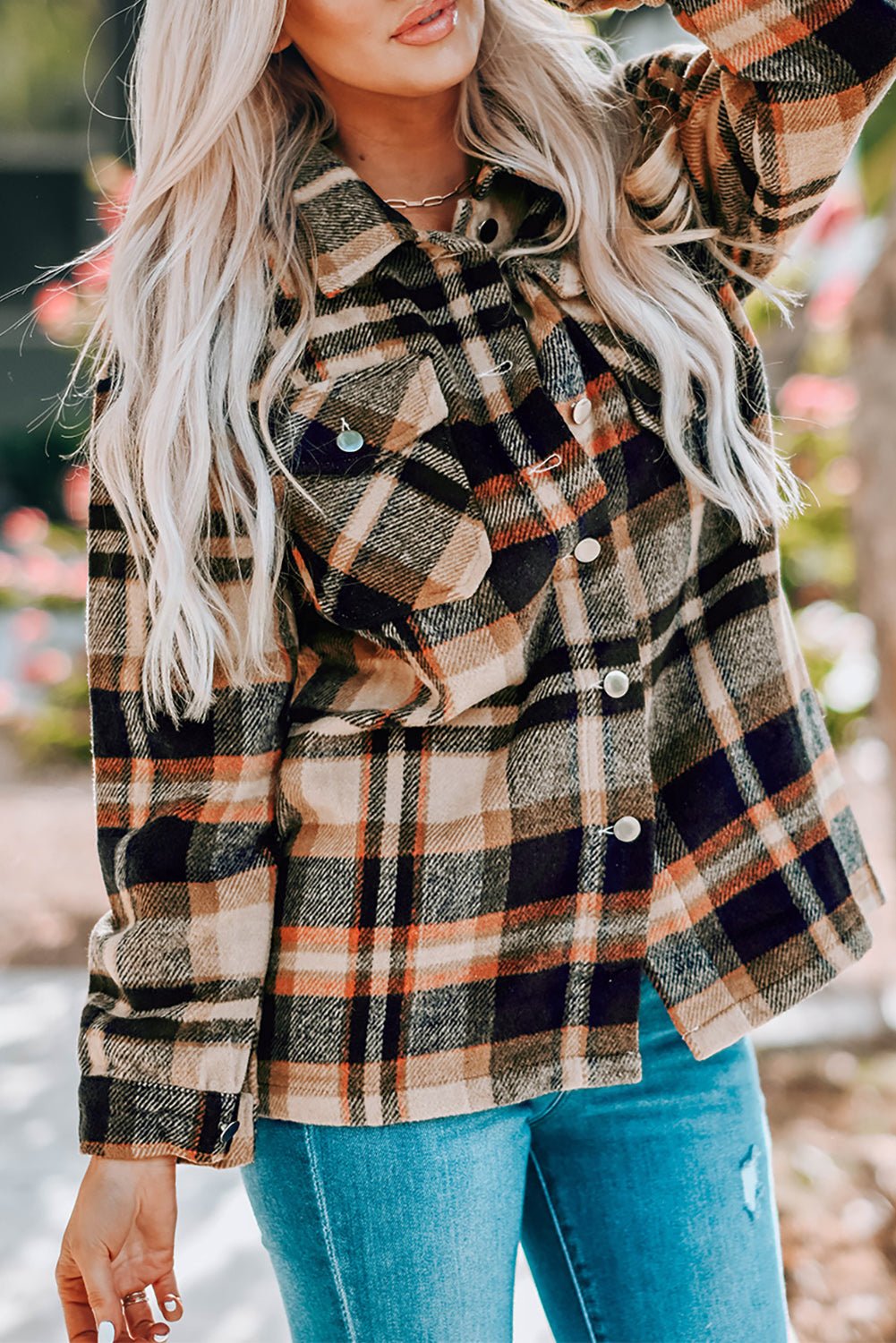 Orange Geometric Plaid Print Pocketed Shacket - Crowned Energy CO.