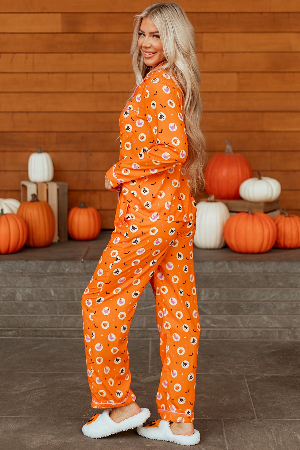 Orange Halloween Print Lapel Shirt Long 2pcs Pajama Set - Crowned Energy CO.