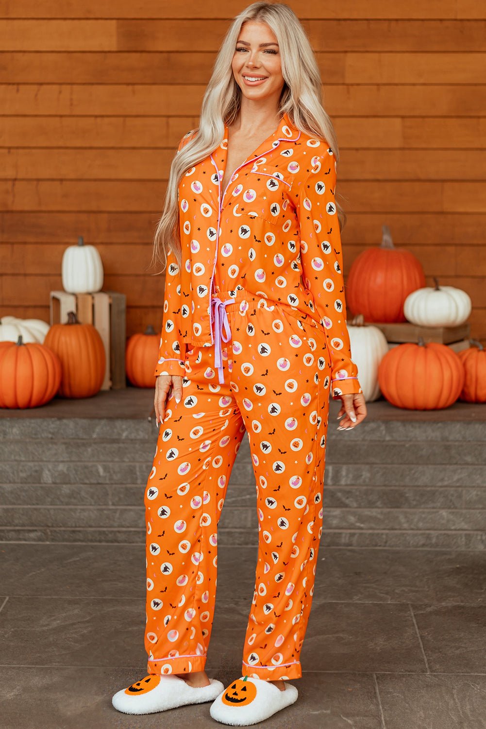 Orange Halloween Print Lapel Shirt Long 2pcs Pajama Set - Crowned Energy CO.