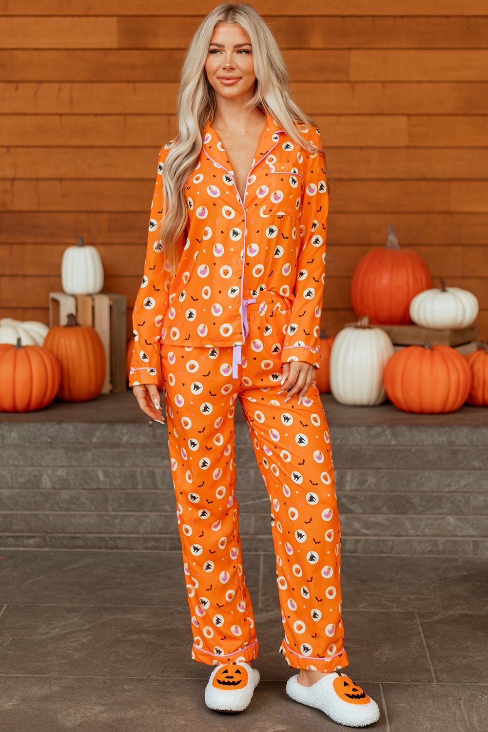 Orange Halloween Print Lapel Shirt Long 2pcs Pajama Set - Crowned Energy CO.