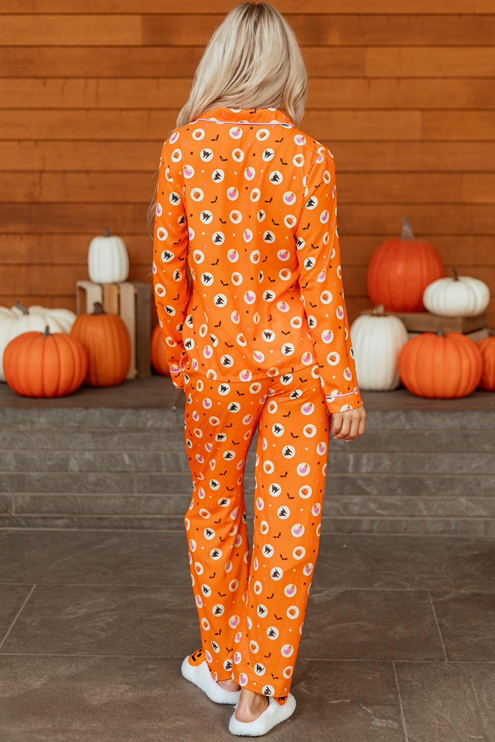 Orange Halloween Print Lapel Shirt Long 2pcs Pajama Set - Crowned Energy CO.