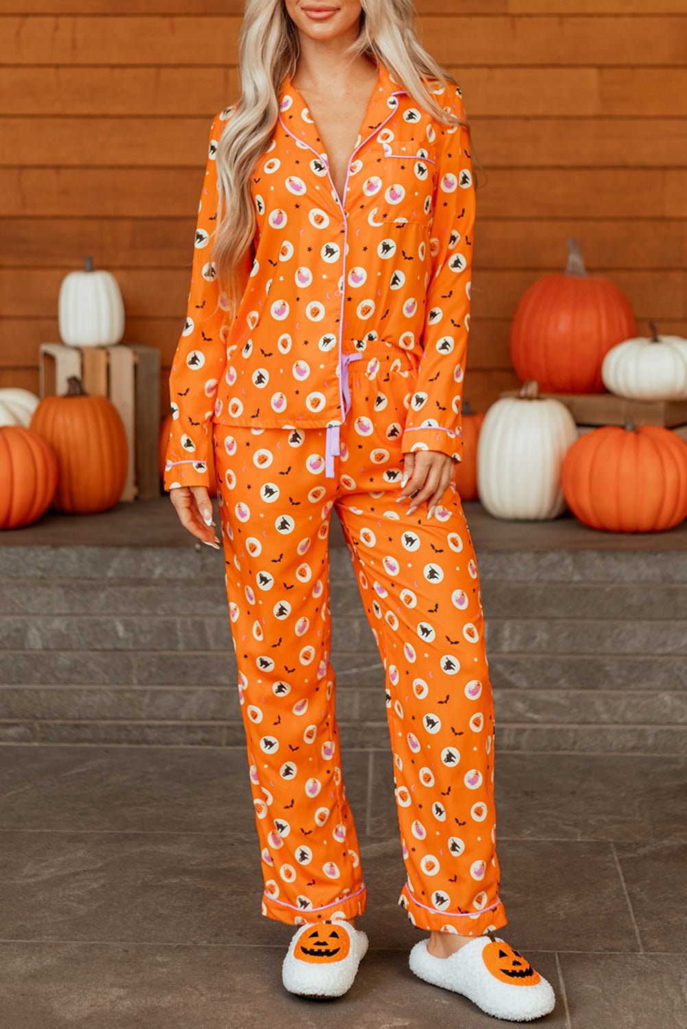 Orange Halloween Print Lapel Shirt Long 2pcs Pajama Set - Crowned Energy CO.