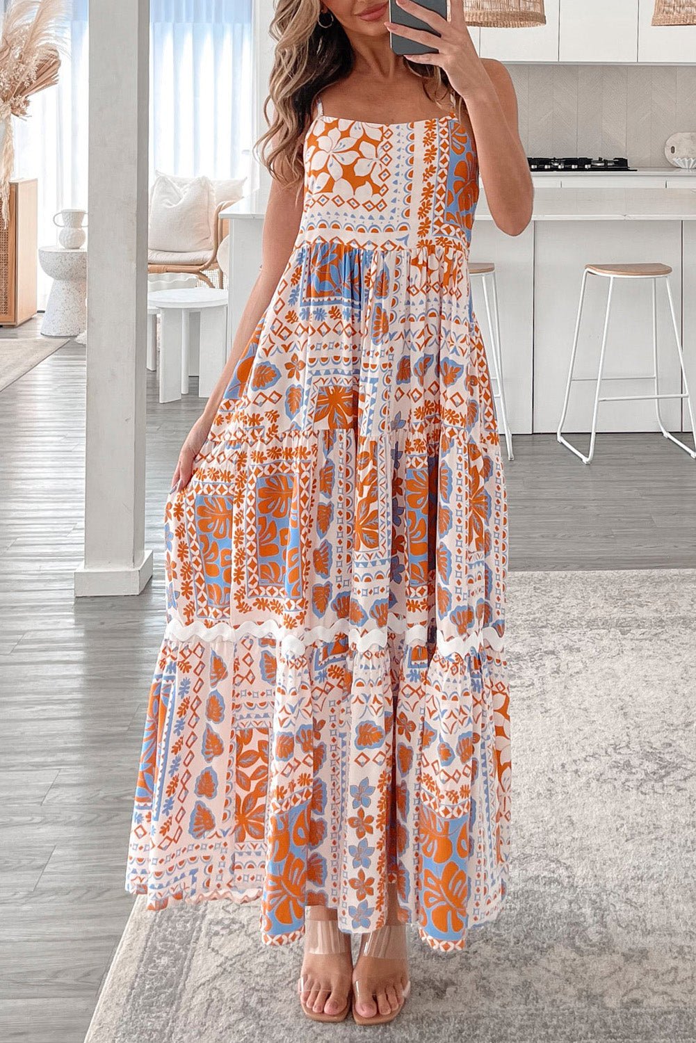 Orange Multi Printed Ricrac Trim Spaghetti Straps Maxi Dress - Crowned Energy CO.
