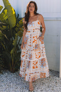 Orange Multi Printed Ricrac Trim Spaghetti Straps Maxi Dress - Crowned Energy CO.