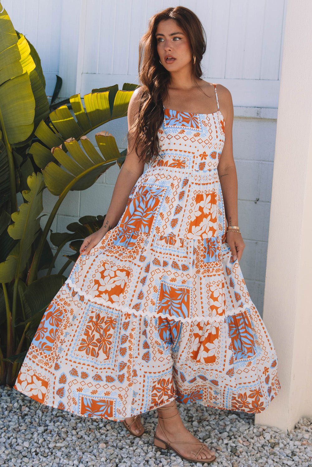 Orange Multi Printed Ricrac Trim Spaghetti Straps Maxi Dress - Crowned Energy CO.