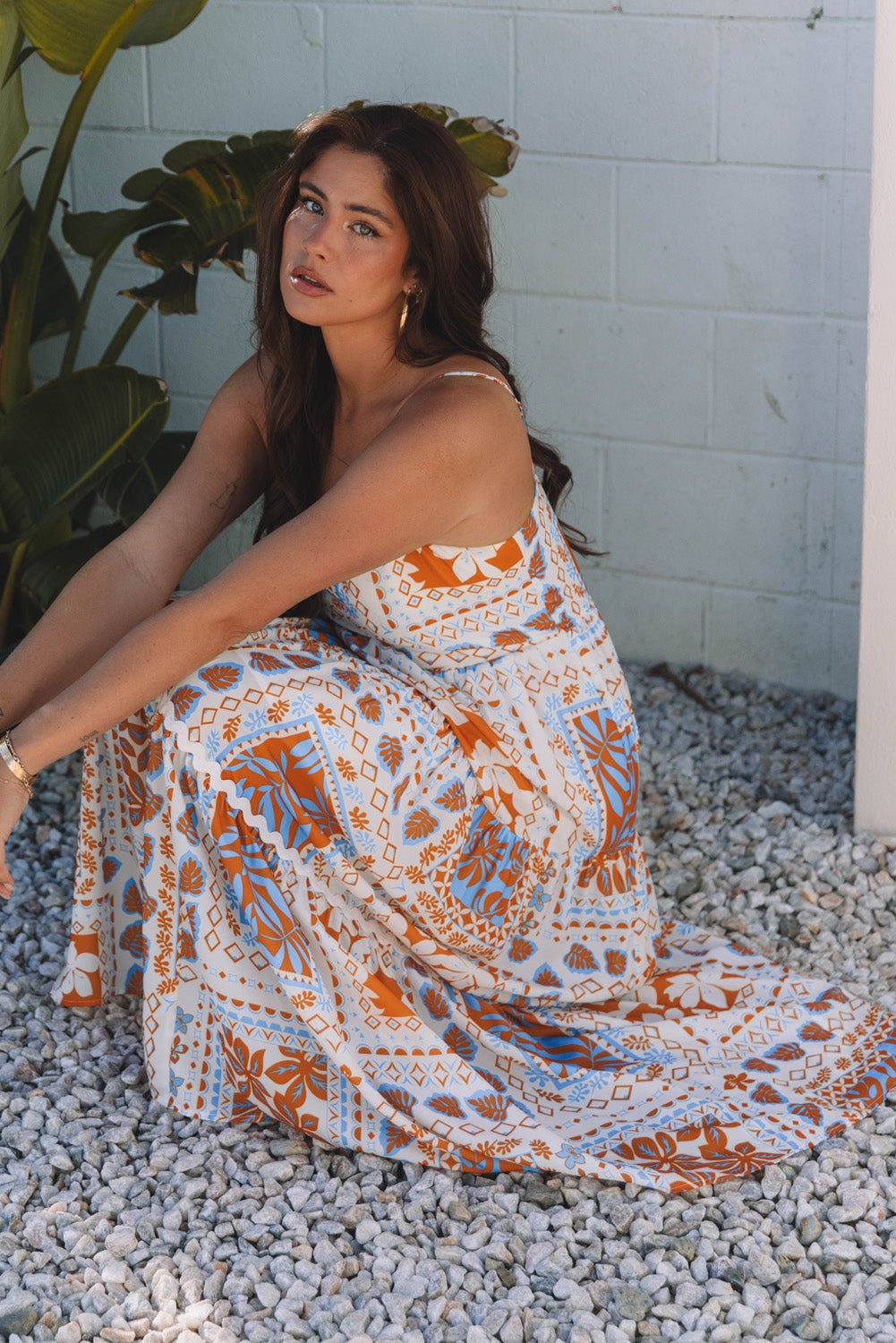 Orange Multi Printed Ricrac Trim Spaghetti Straps Maxi Dress - Crowned Energy CO.