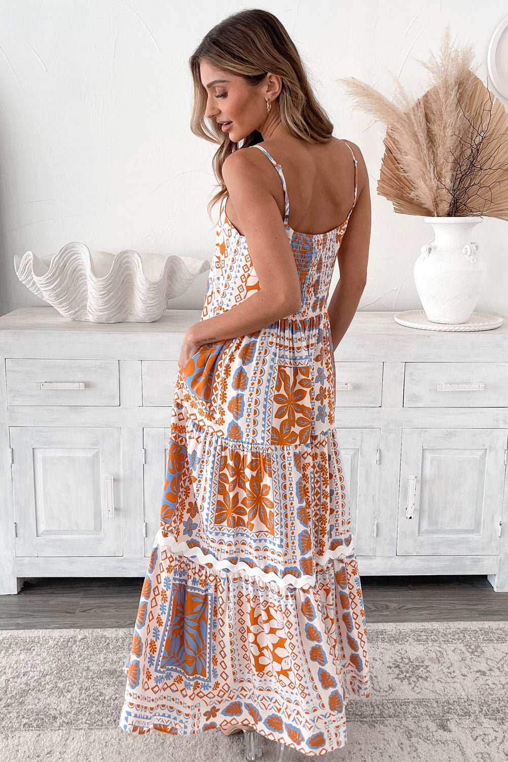 Orange Multi Printed Ricrac Trim Spaghetti Straps Maxi Dress - Crowned Energy CO.