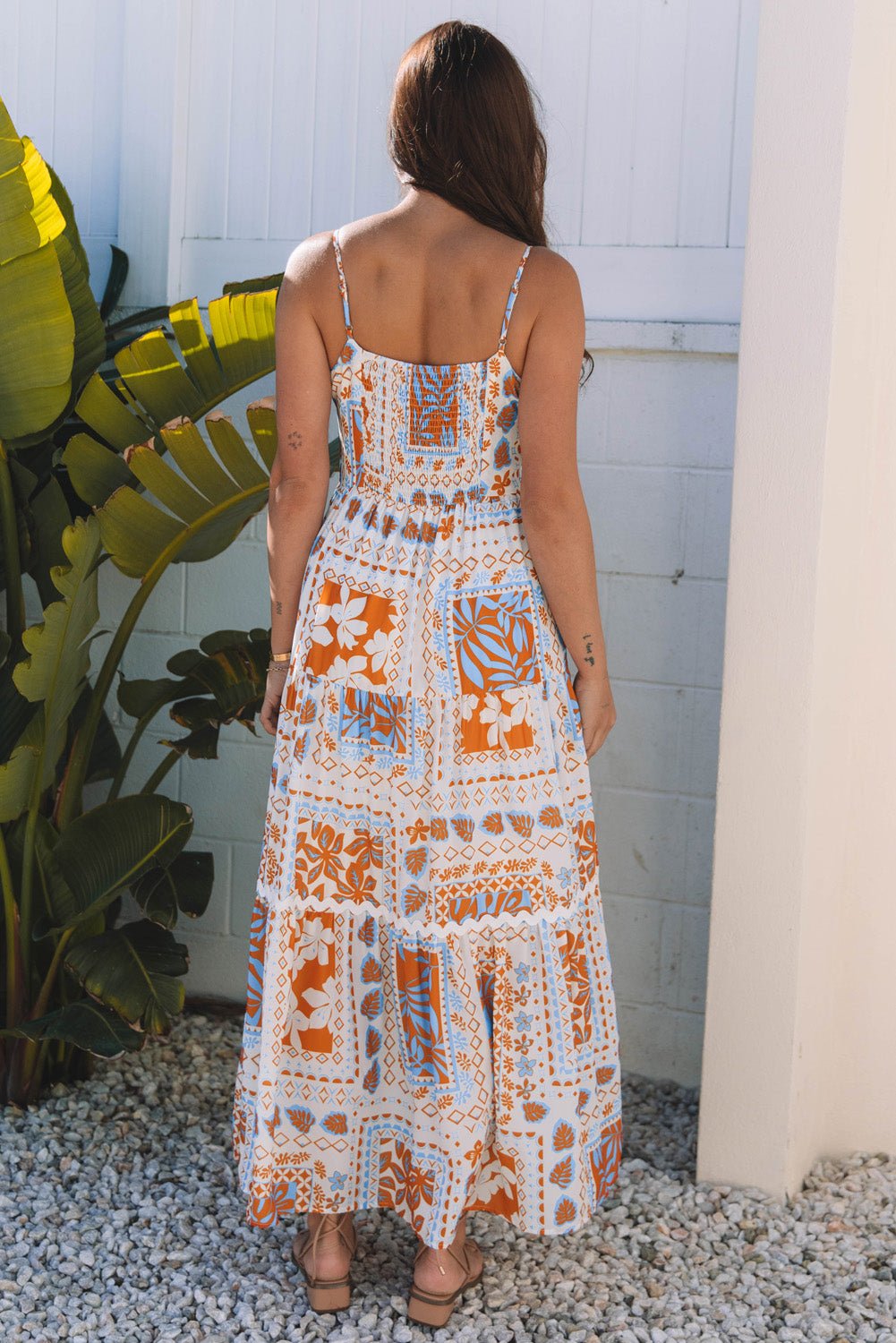Orange Multi Printed Ricrac Trim Spaghetti Straps Maxi Dress - Crowned Energy CO.