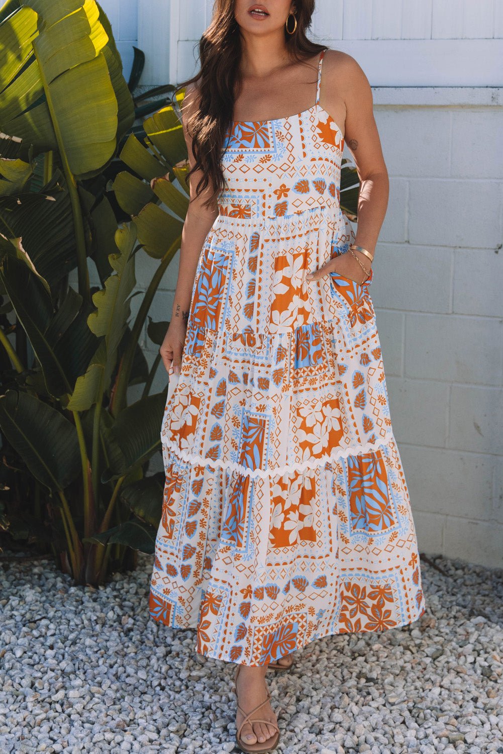 Orange Multi Printed Ricrac Trim Spaghetti Straps Maxi Dress - Crowned Energy CO.