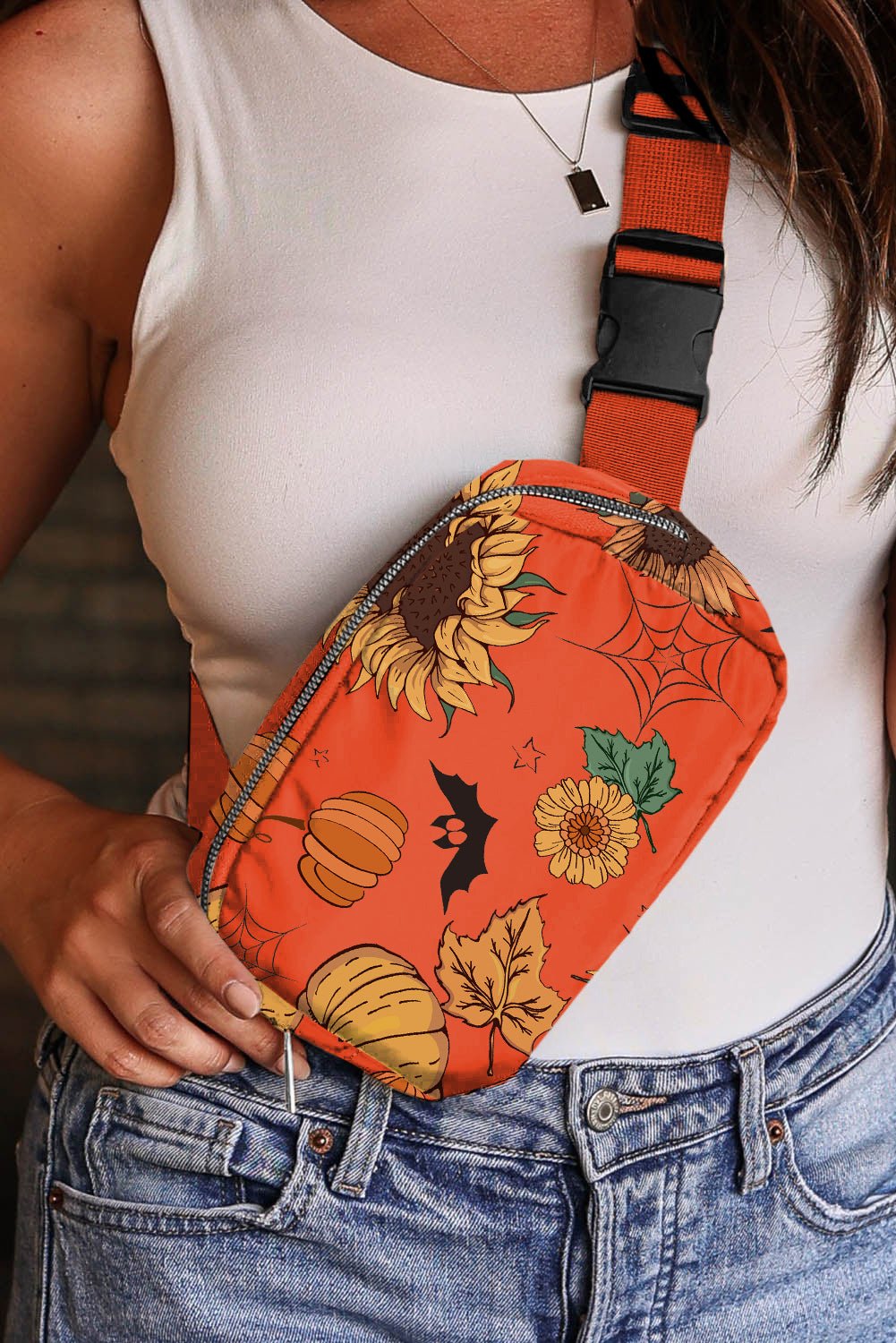 Orange Pumpkin Sunflower Halloween Graphic Crossbody Bag - Crowned Energy CO.
