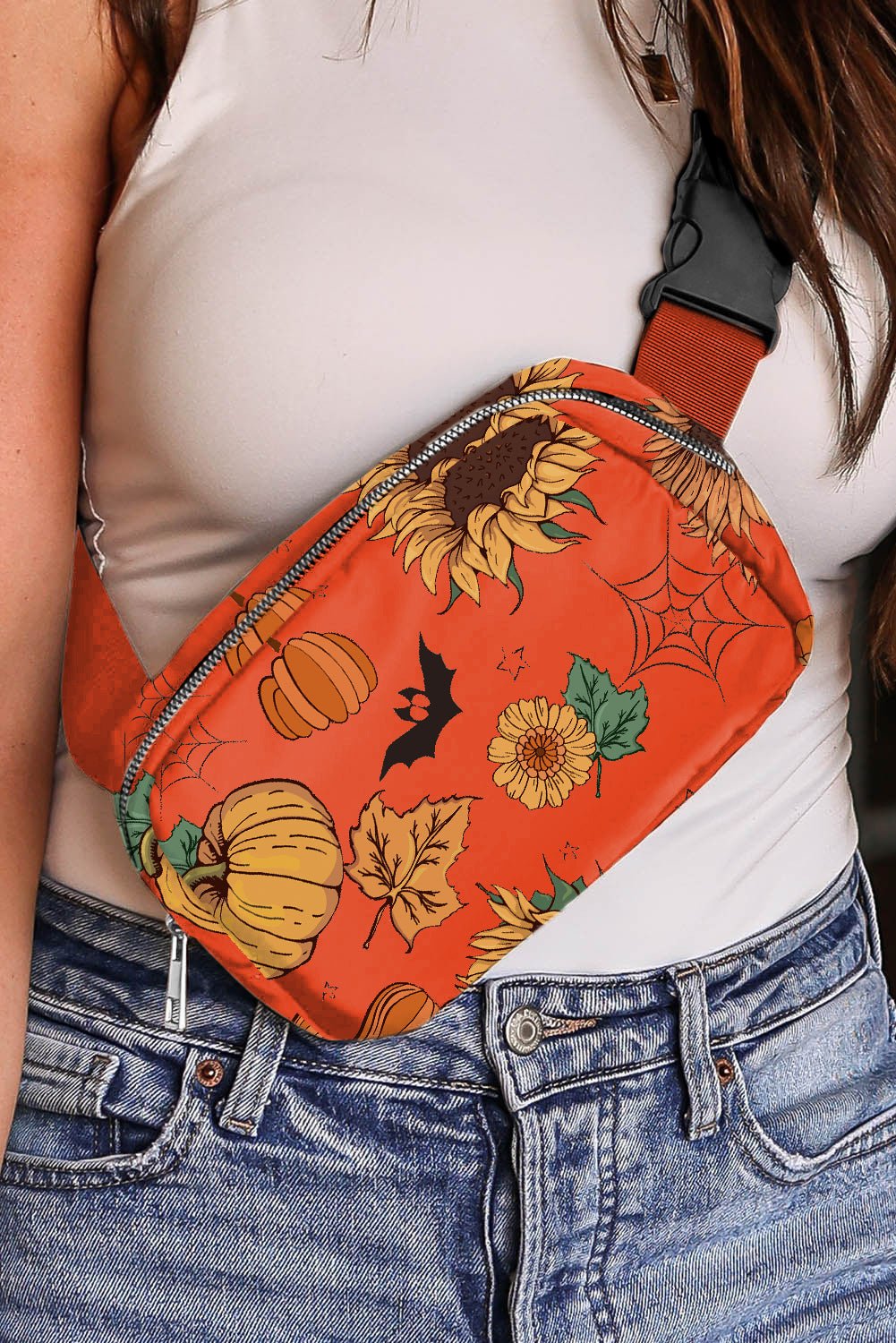 Orange Pumpkin Sunflower Halloween Graphic Crossbody Bag - Crowned Energy CO.