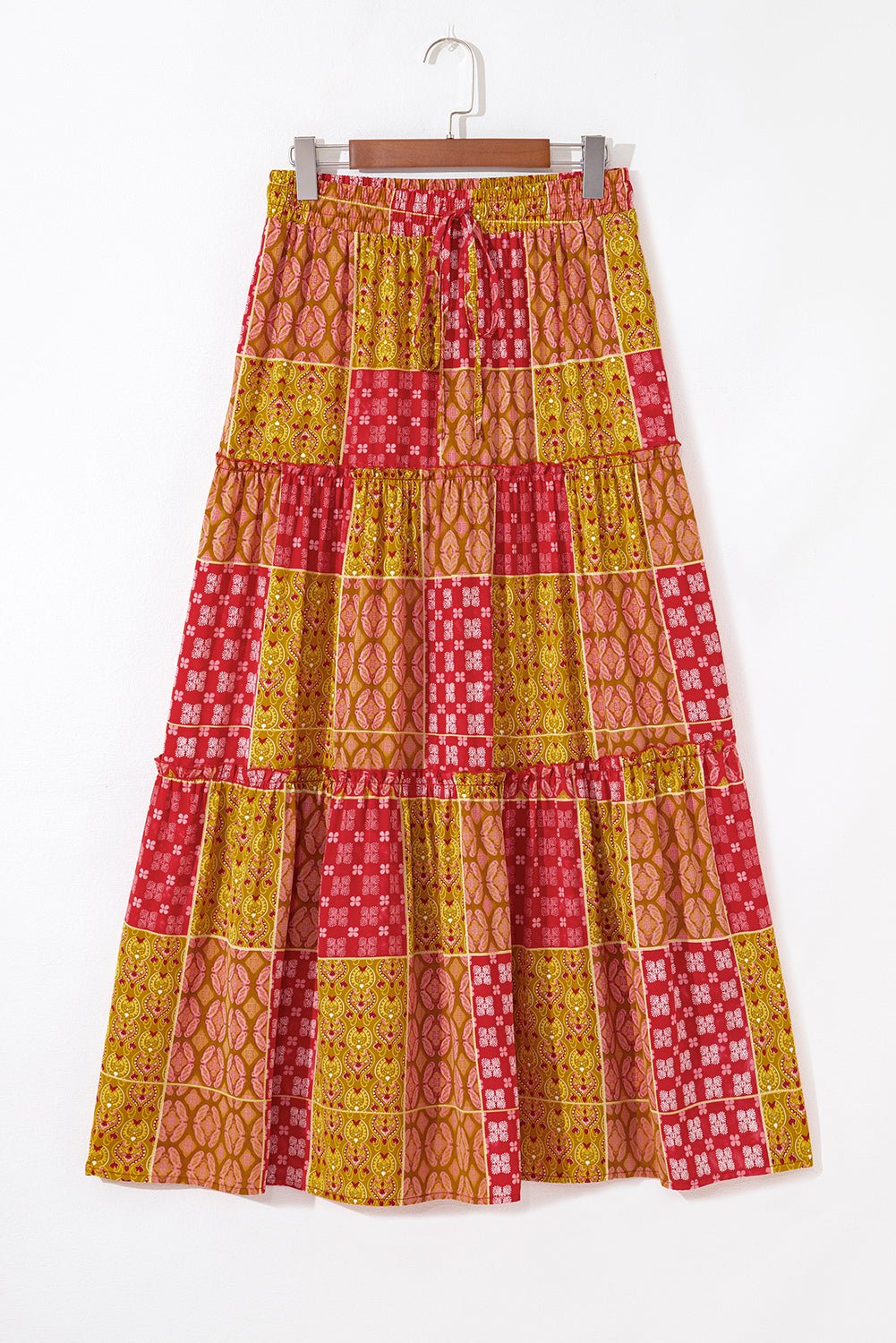 Orange Tiered Paisley Print Pocketed Maxi Skirt - Crowned Energy CO.