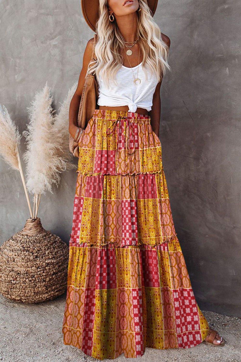 Orange Tiered Paisley Print Pocketed Maxi Skirt - Crowned Energy CO.
