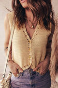 Pale Khaki Hollow out Trim Buttoned Front Boho Sweater Vest - Crowned Energy CO.