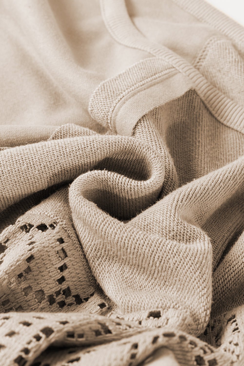 Parchment Knit Crochet Exposed Seam Ribbed Trim Sweatshirt - Crowned Energy CO.