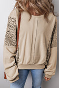 Parchment Knit Crochet Exposed Seam Ribbed Trim Sweatshirt - Crowned Energy CO.