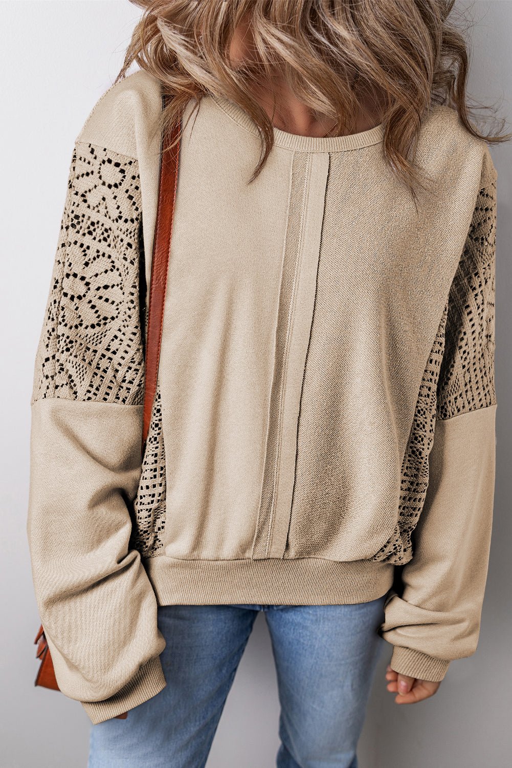 Parchment Knit Crochet Exposed Seam Ribbed Trim Sweatshirt - Crowned Energy CO.