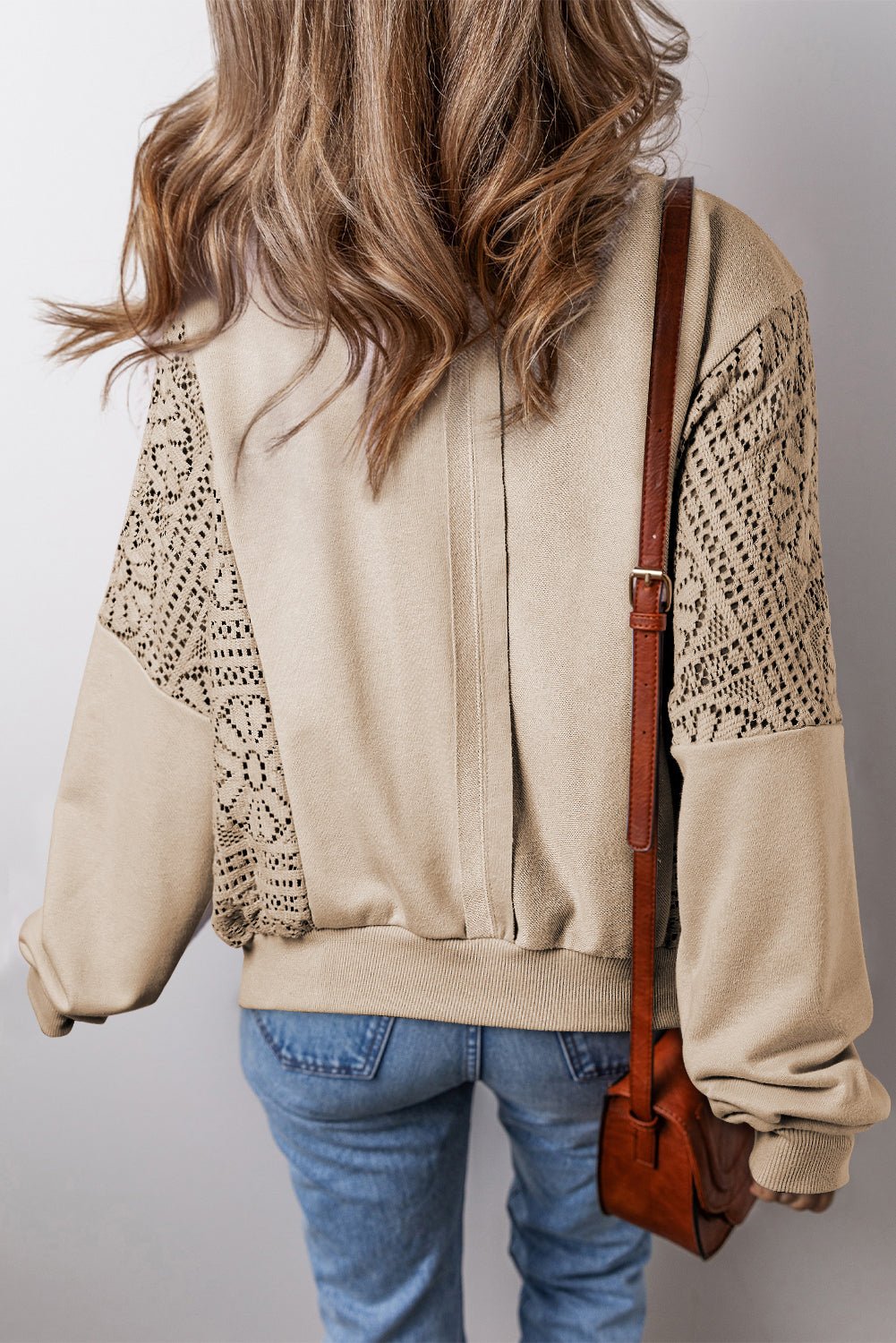 Parchment Knit Crochet Exposed Seam Ribbed Trim Sweatshirt - Crowned Energy CO.