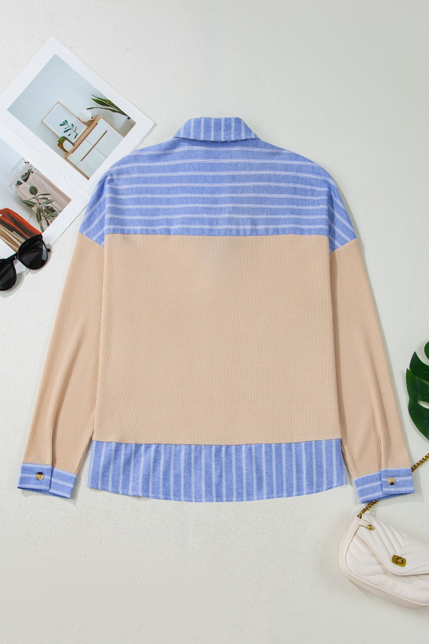 Parchment Plus Size Striped Contrast Trim Waffle Knit Collared Top - Crowned Energy CO.