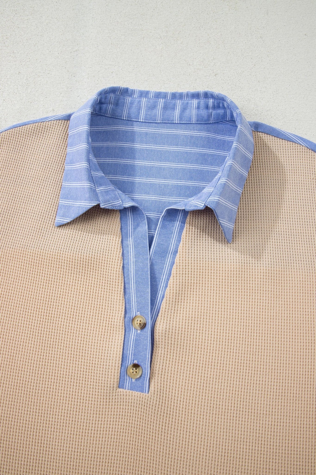 Parchment Plus Size Striped Contrast Trim Waffle Knit Collared Top - Crowned Energy CO.
