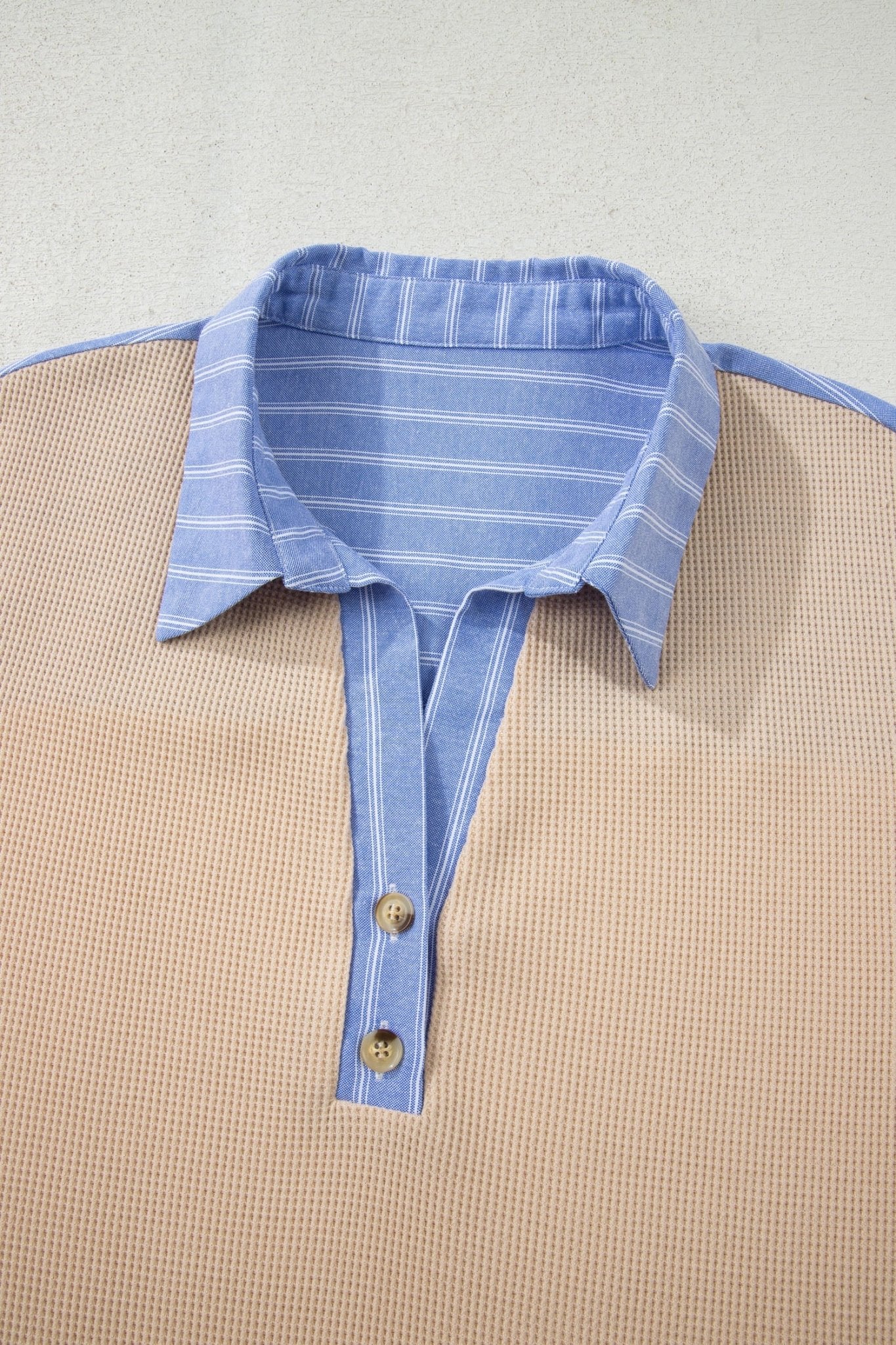 Parchment Plus Size Striped Contrast Trim Waffle Knit Collared Top - Crowned Energy CO.