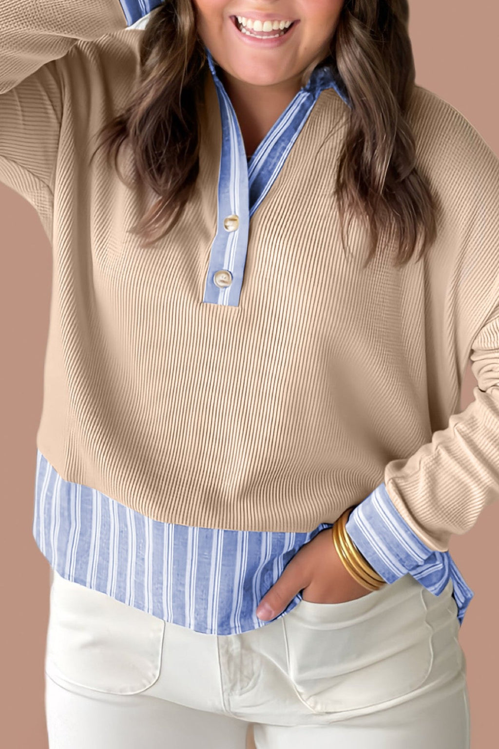 Parchment Plus Size Striped Contrast Trim Waffle Knit Collared Top - Crowned Energy CO.