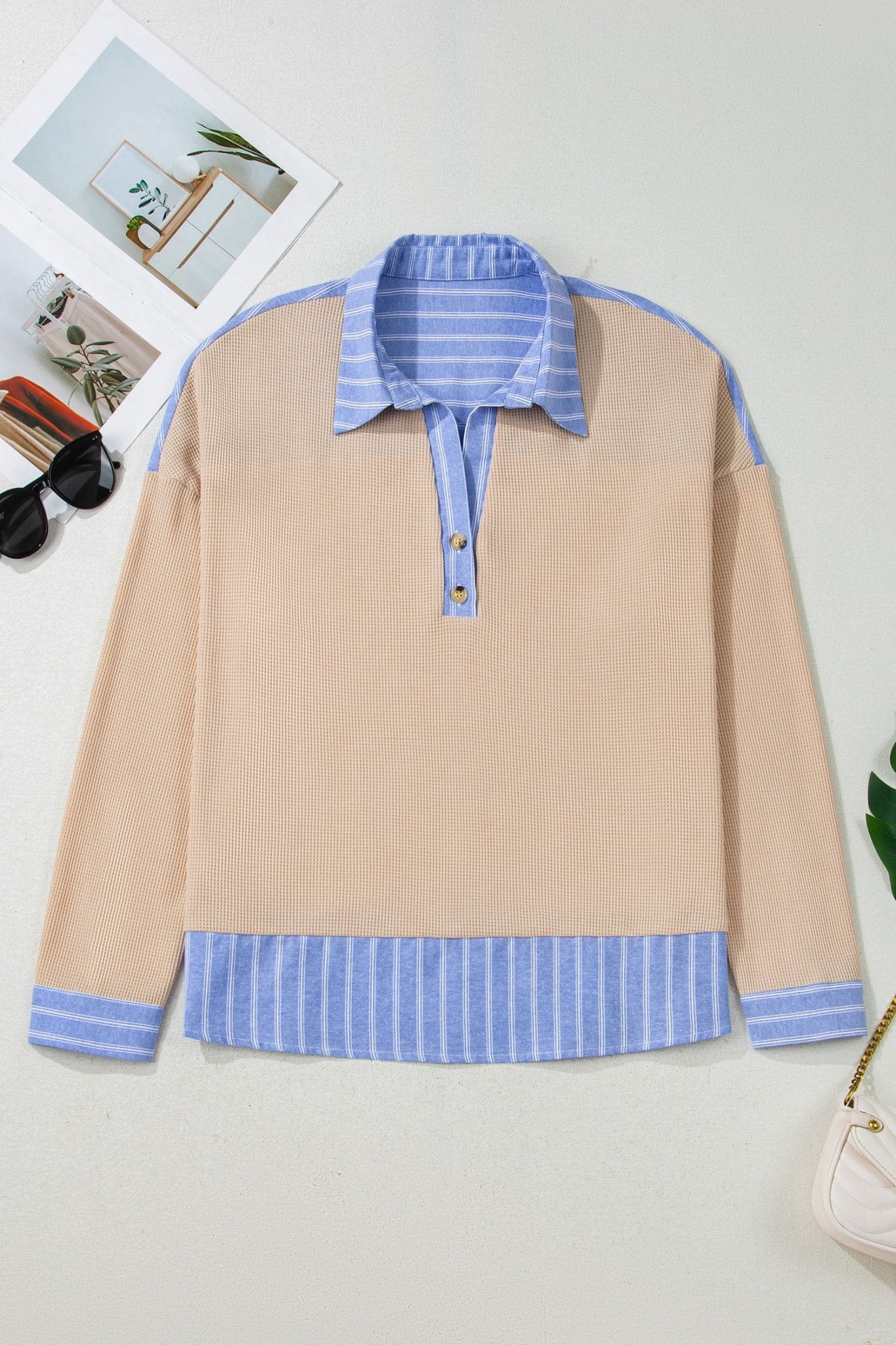 Parchment Plus Size Striped Contrast Trim Waffle Knit Collared Top - Crowned Energy CO.