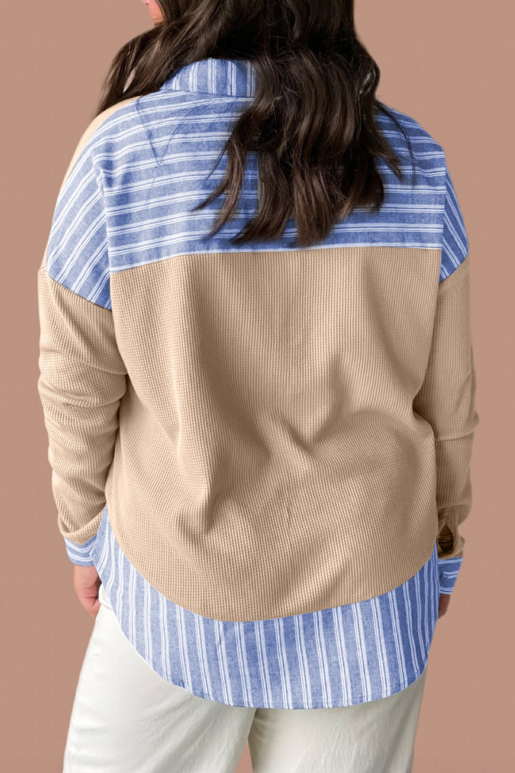 Parchment Plus Size Striped Contrast Trim Waffle Knit Collared Top - Crowned Energy CO.