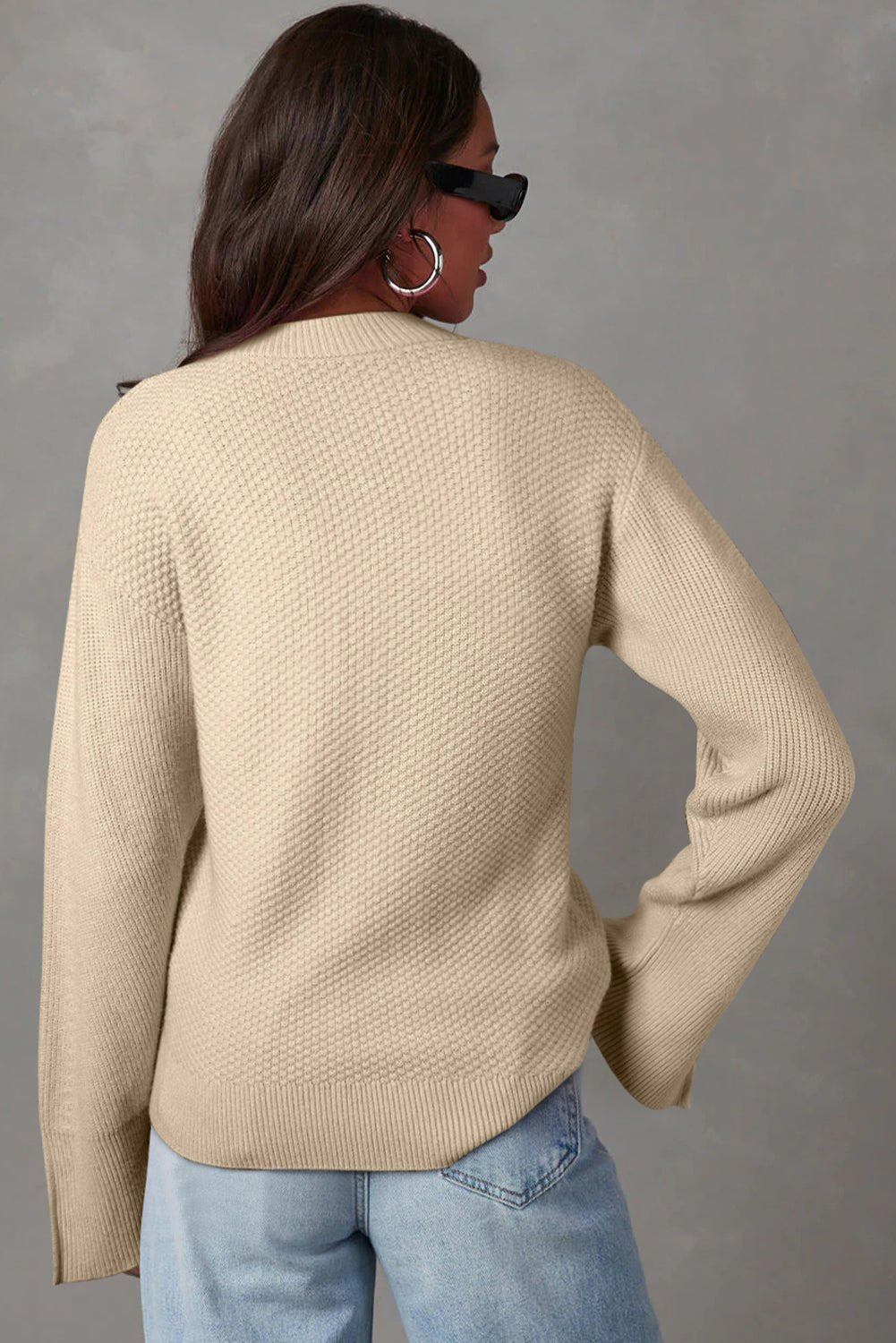 Parchment Solid Textured Knit Split Cuff Drop Shoulder Loose Sweater - Crowned Energy CO.