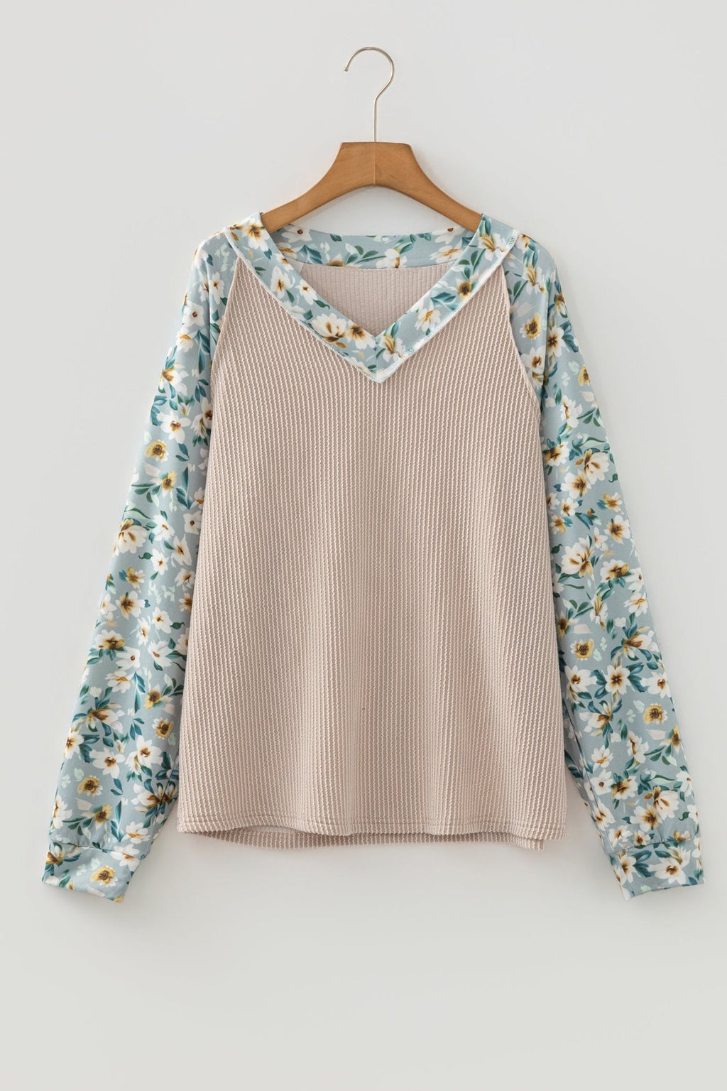 Parchment Twist Ribbed Floral Contrast Patchwork Long Sleeve Top - Crowned Energy CO.