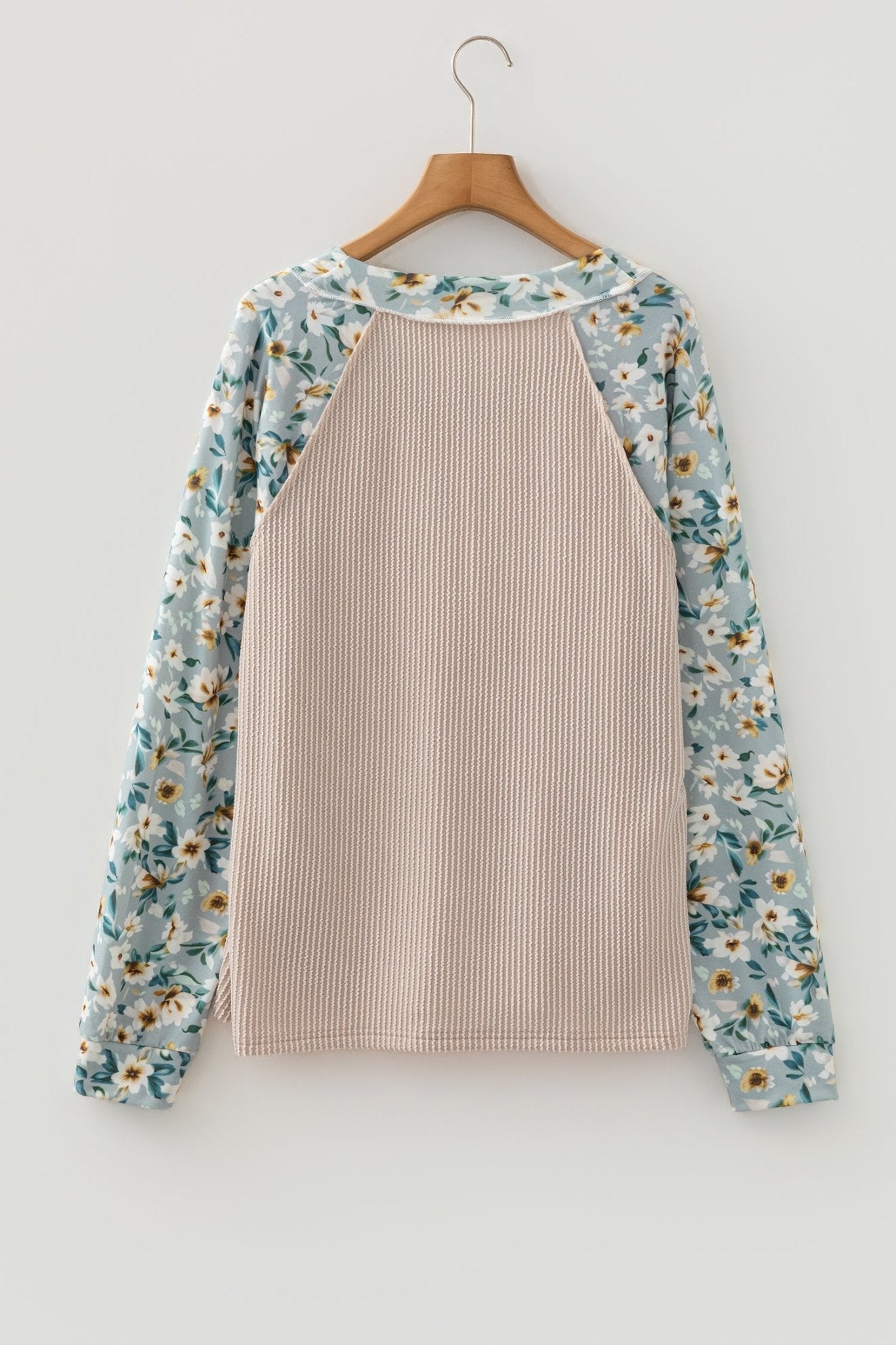 Parchment Twist Ribbed Floral Contrast Patchwork Long Sleeve Top - Crowned Energy CO.