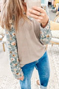 Parchment Twist Ribbed Floral Contrast Patchwork Long Sleeve Top - Crowned Energy CO.