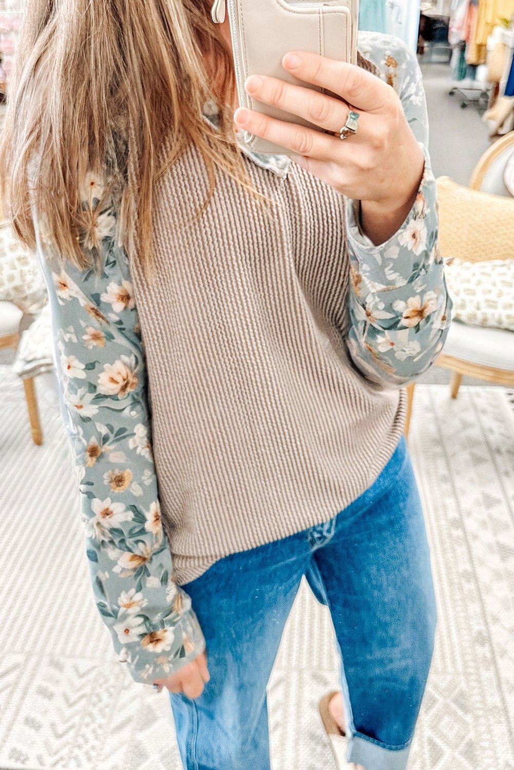 Parchment Twist Ribbed Floral Contrast Patchwork Long Sleeve Top - Crowned Energy CO.