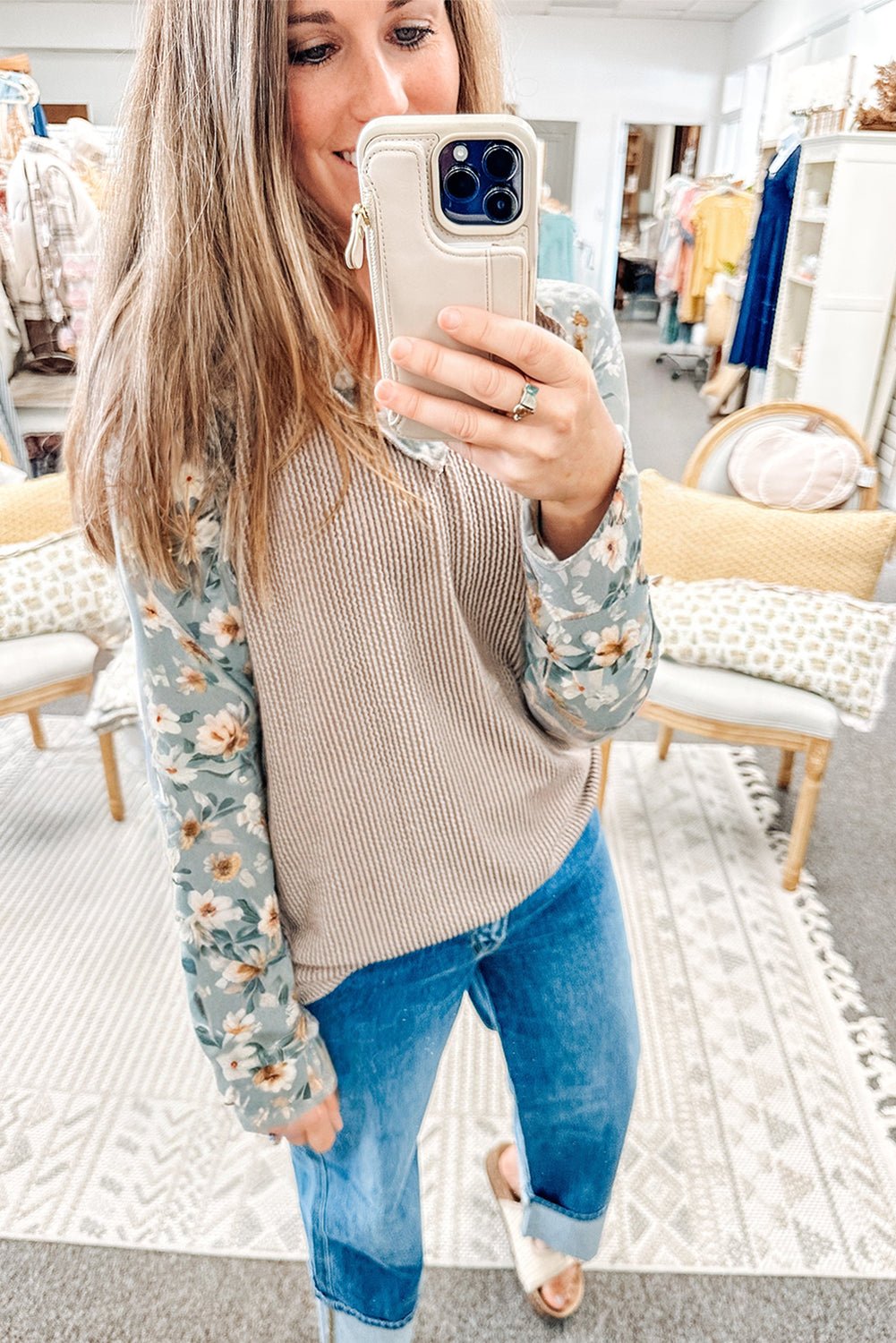 Parchment Twist Ribbed Floral Contrast Patchwork Long Sleeve Top - Crowned Energy CO.