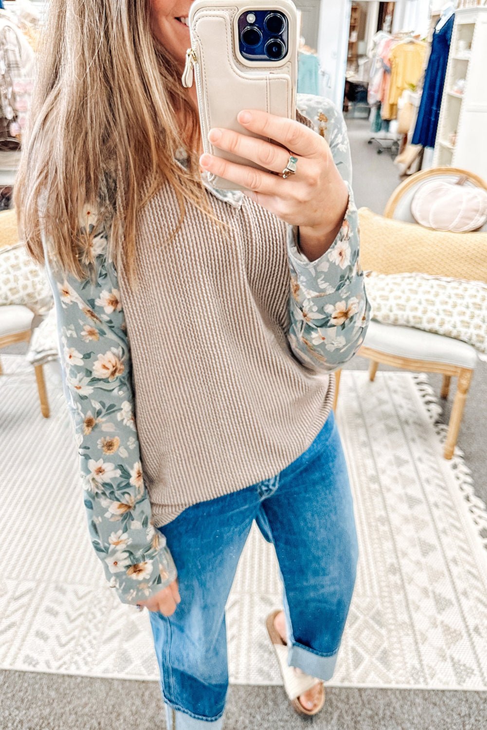 Parchment Twist Ribbed Floral Contrast Patchwork Long Sleeve Top - Crowned Energy CO.