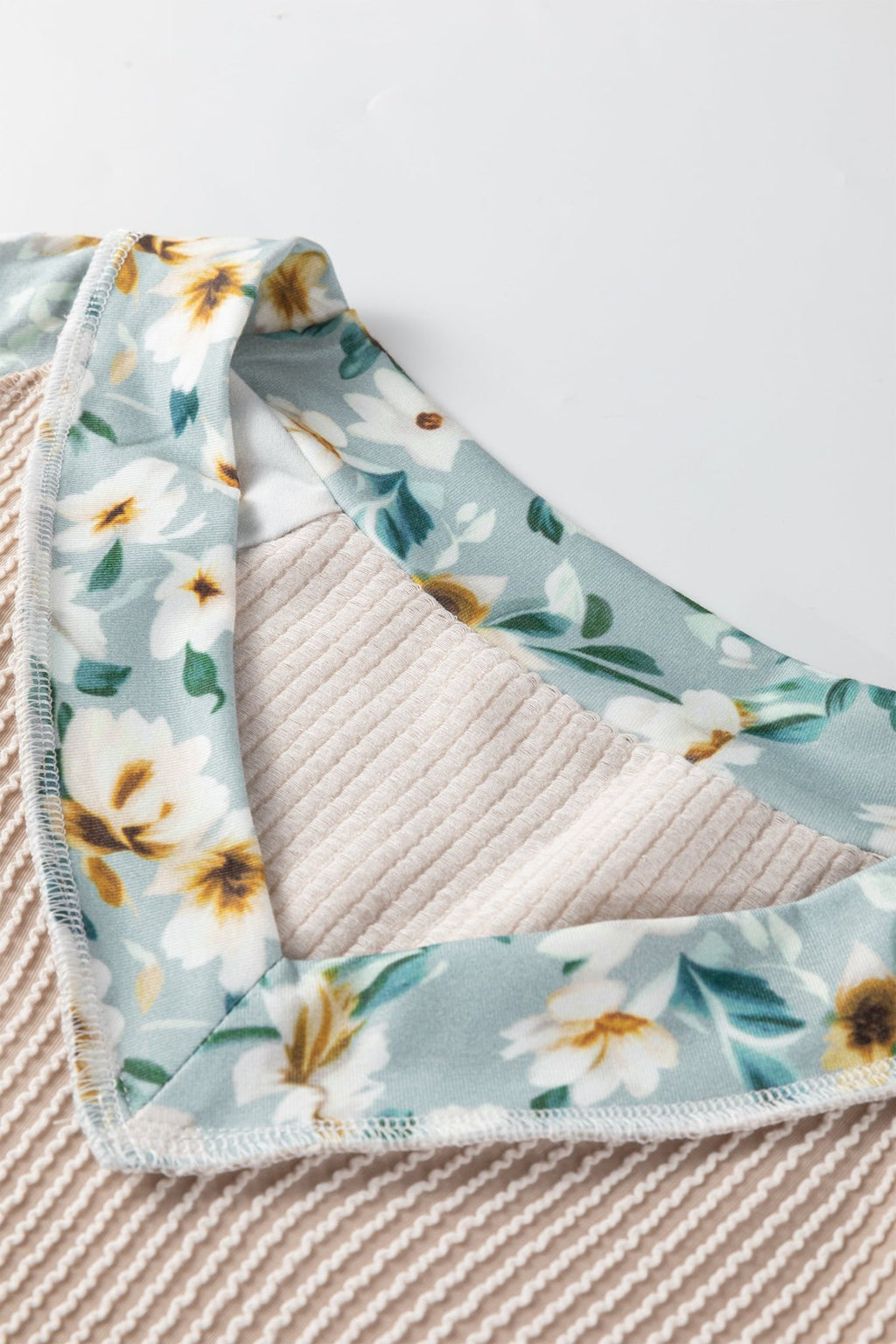 Parchment Twist Ribbed Floral Contrast Patchwork Long Sleeve Top - Crowned Energy CO.