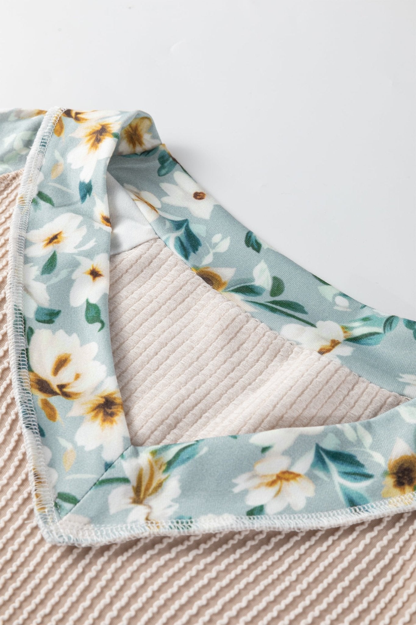 Parchment Twist Ribbed Floral Contrast Patchwork Long Sleeve Top - Crowned Energy CO.