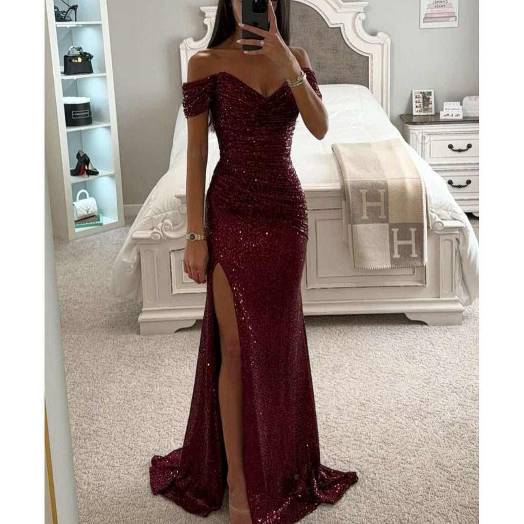 Crowned Energy CO. Black / 2XL Goddess Vibes Dresses Party Sequins Off-neck Split Dress INS Casual Fashion Dress Women