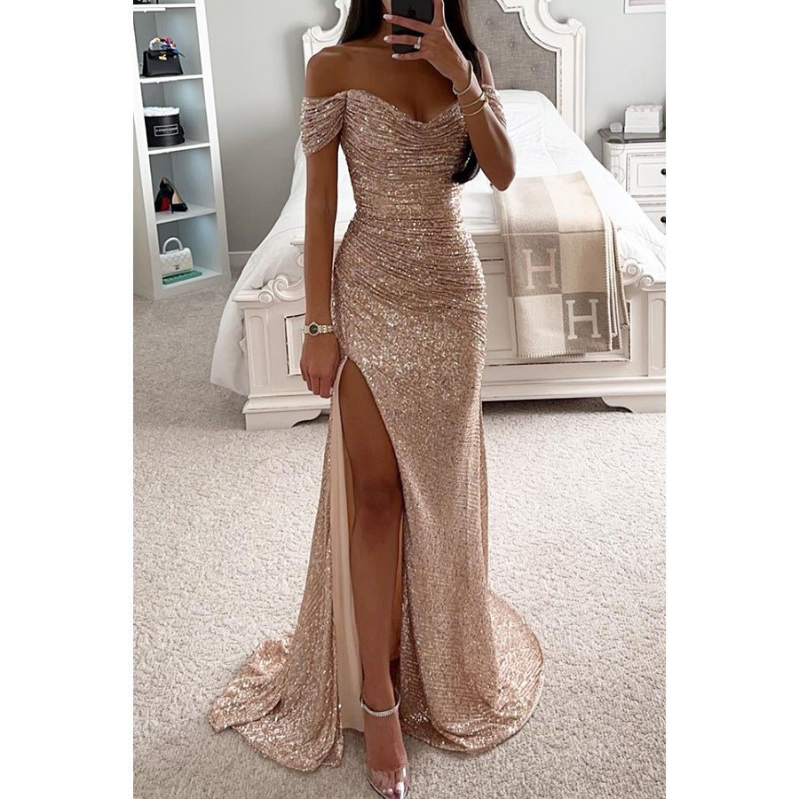Crowned Energy CO. Black / 2XL Goddess Vibes Dresses Party Sequins Off-neck Split Dress INS Casual Fashion Dress Women