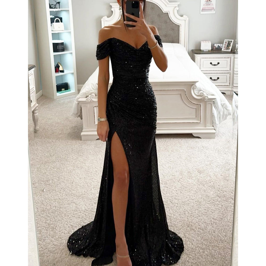 Crowned Energy CO. Black / 2XL Goddess Vibes Dresses Party Sequins Off-neck Split Dress INS Casual Fashion Dress Women
