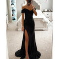 Crowned Energy CO. Black / 2XL Goddess Vibes Dresses Party Sequins Off-neck Split Dress INS Casual Fashion Dress Women
