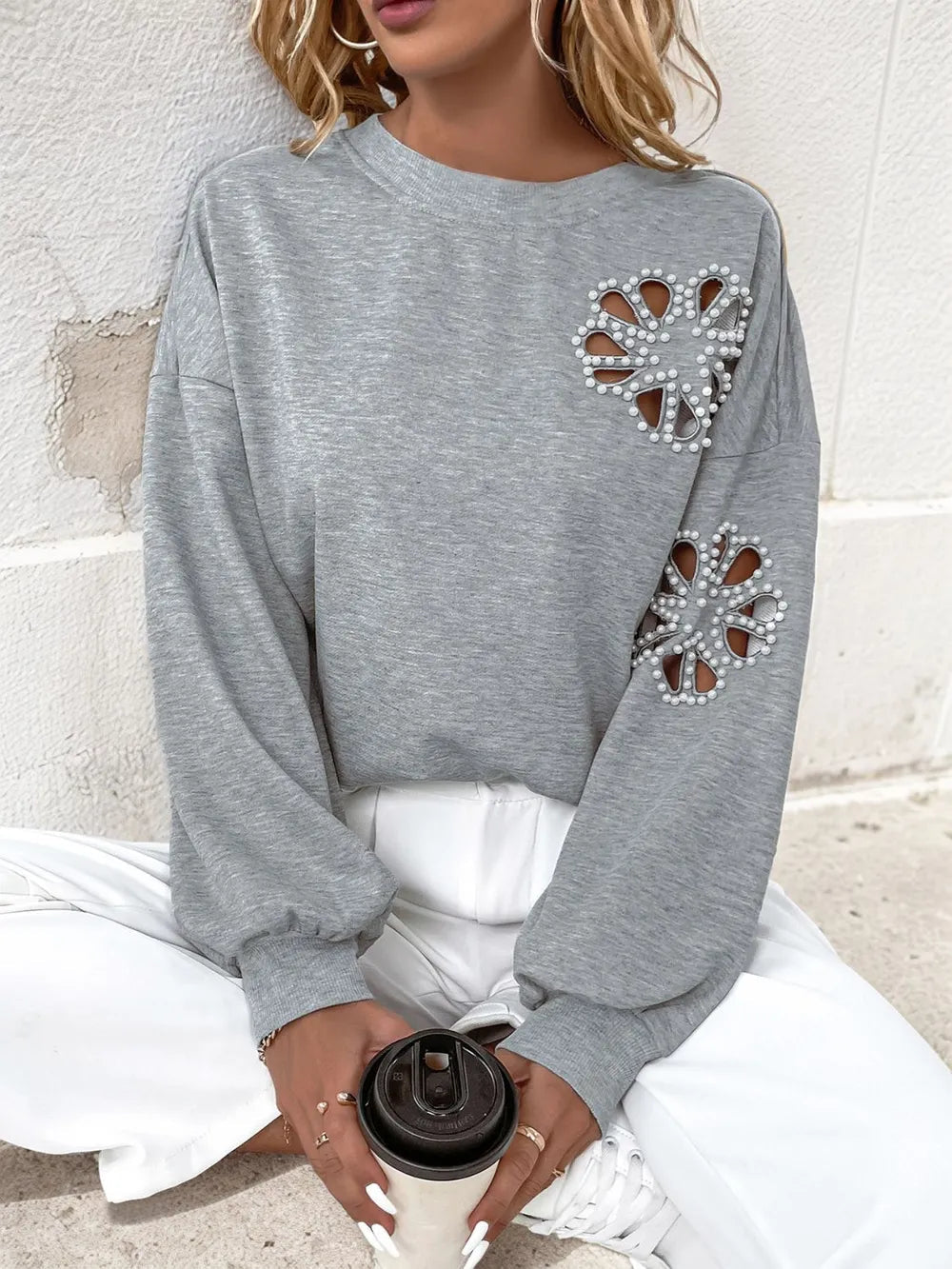 Perfee Cutout Pearl Round Neck Long Sleeve Sweatshirt - Crowned Energy CO.