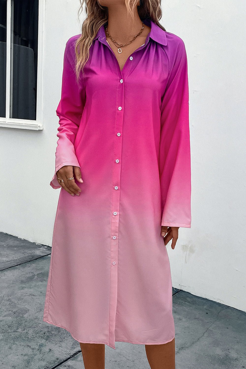 Perfee Gradient Long Sleeve Shirt Dress - Crowned Energy CO.