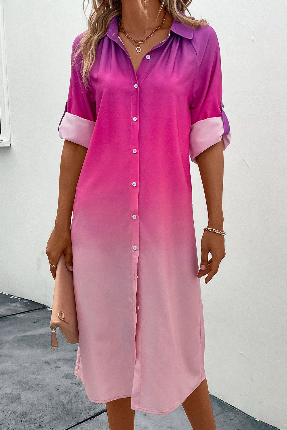 Perfee Gradient Long Sleeve Shirt Dress - Crowned Energy CO.