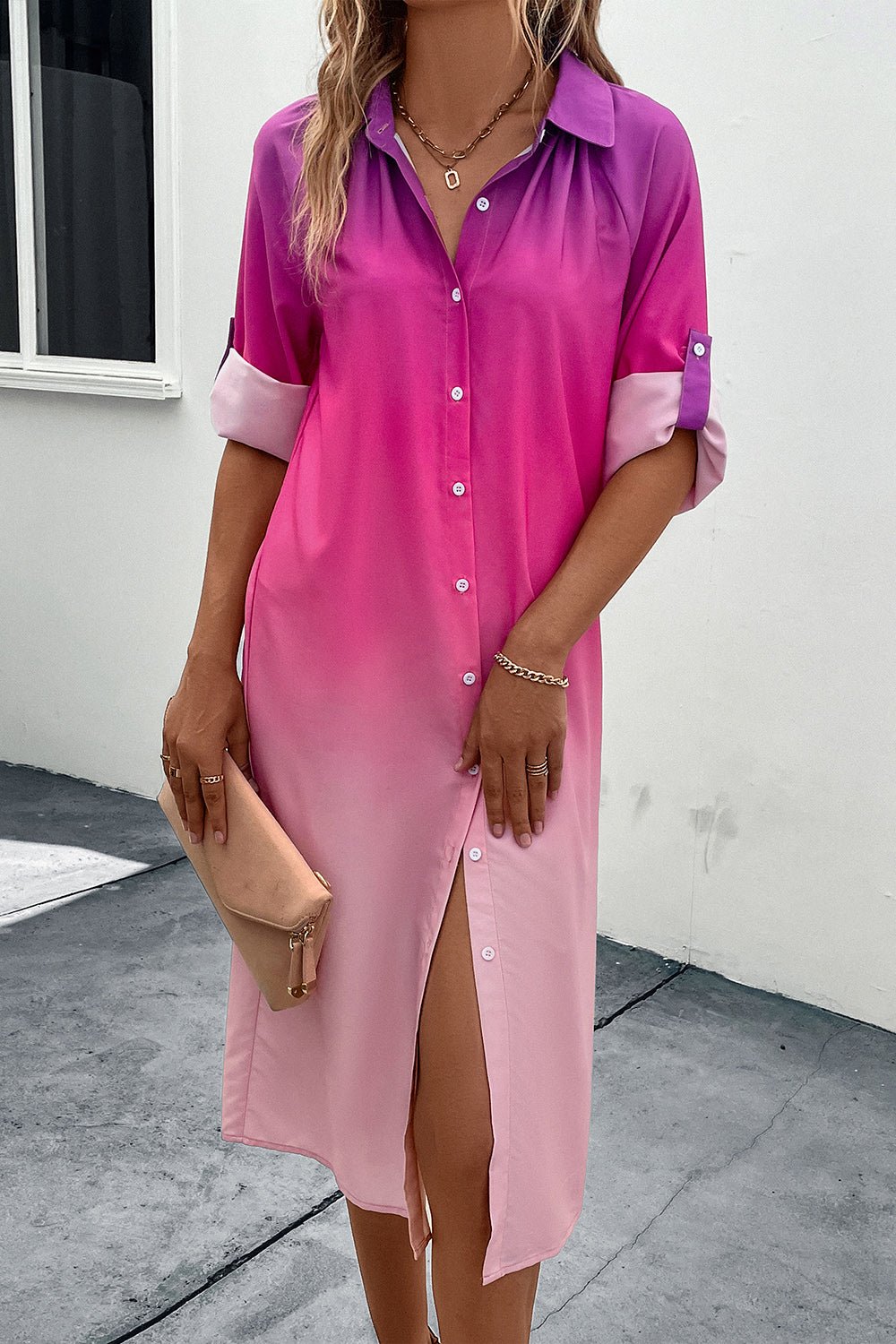 Perfee Gradient Long Sleeve Shirt Dress - Crowned Energy CO.