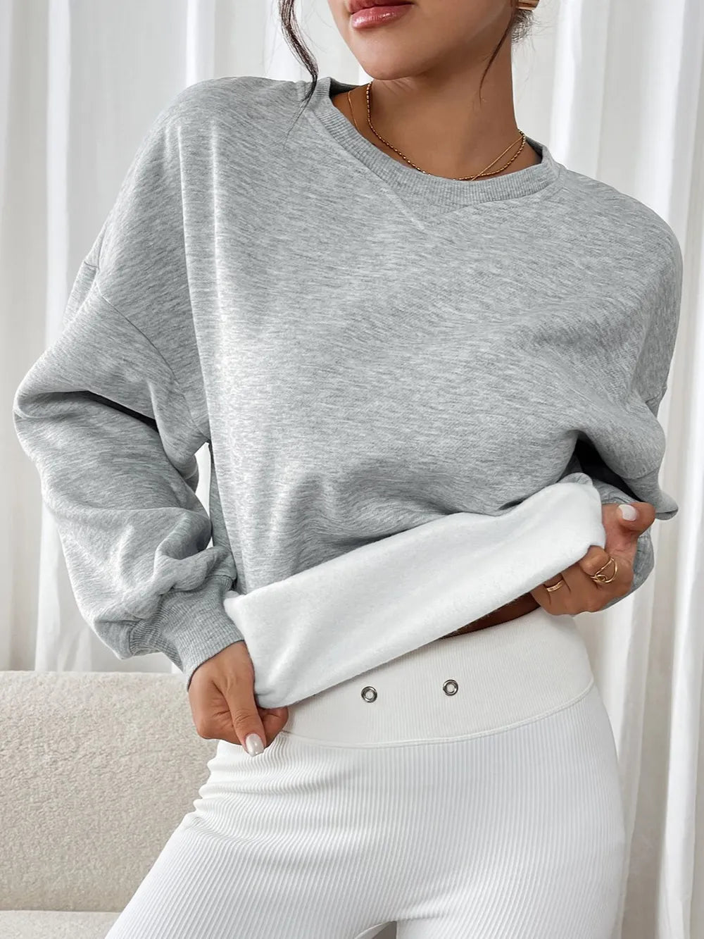 Perfee Round Neck Long Sleeve Sweatshirt - Crowned Energy CO.