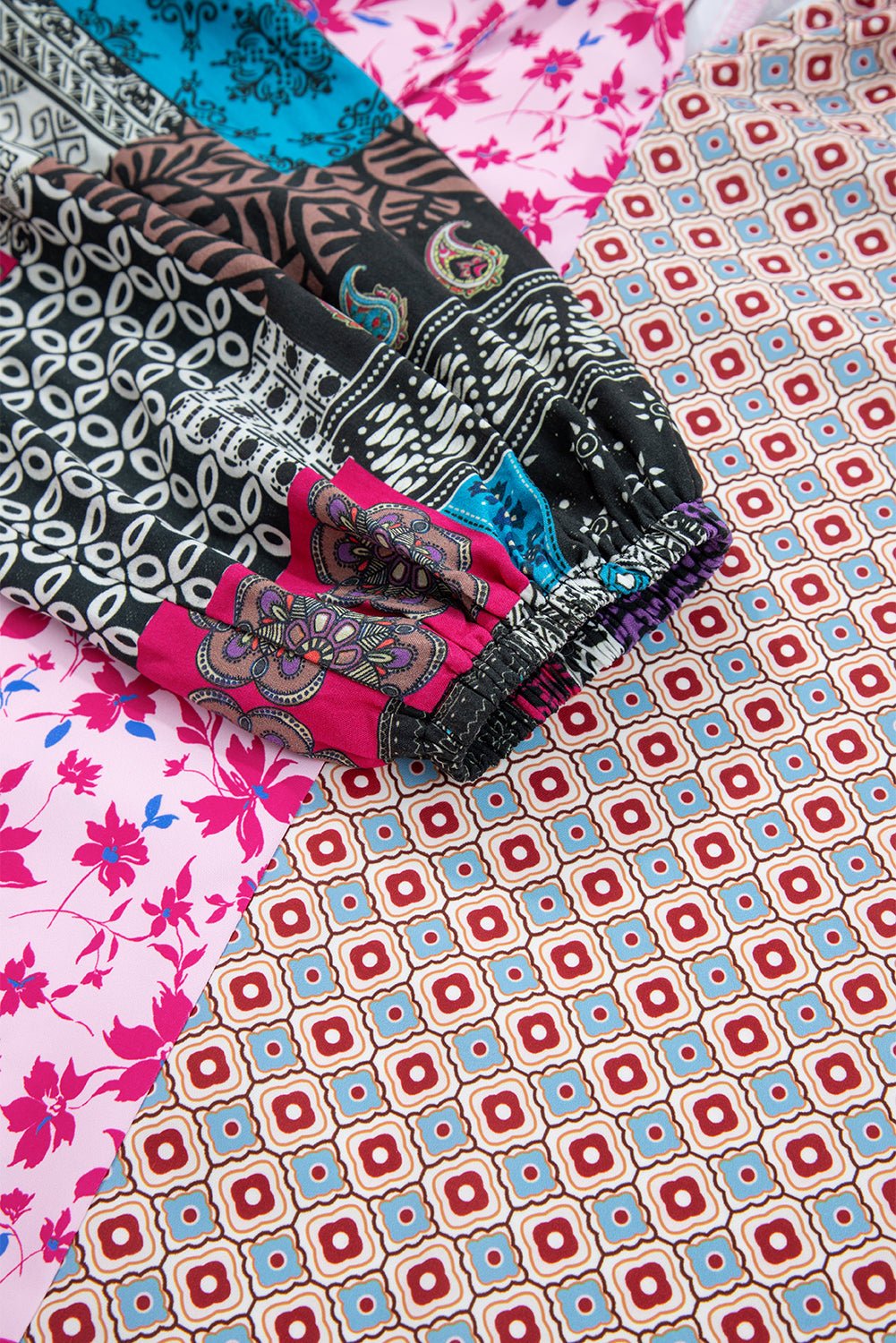 Crowned Energy CO. Pink / S / 100%Polyester Dear-Lover Dropshipping Tops/Blouses & Shirts Pink Boho Mixed Floral Drop Shoulder Bubble Sleeve Blouse