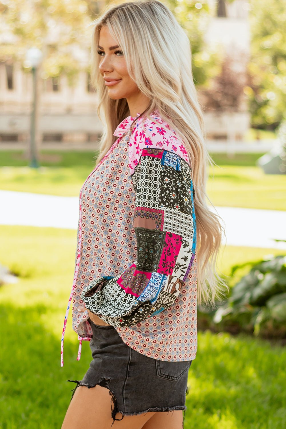 Crowned Energy CO. Pink / S / 100%Polyester Dear-Lover Dropshipping Tops/Blouses & Shirts Pink Boho Mixed Floral Drop Shoulder Bubble Sleeve Blouse