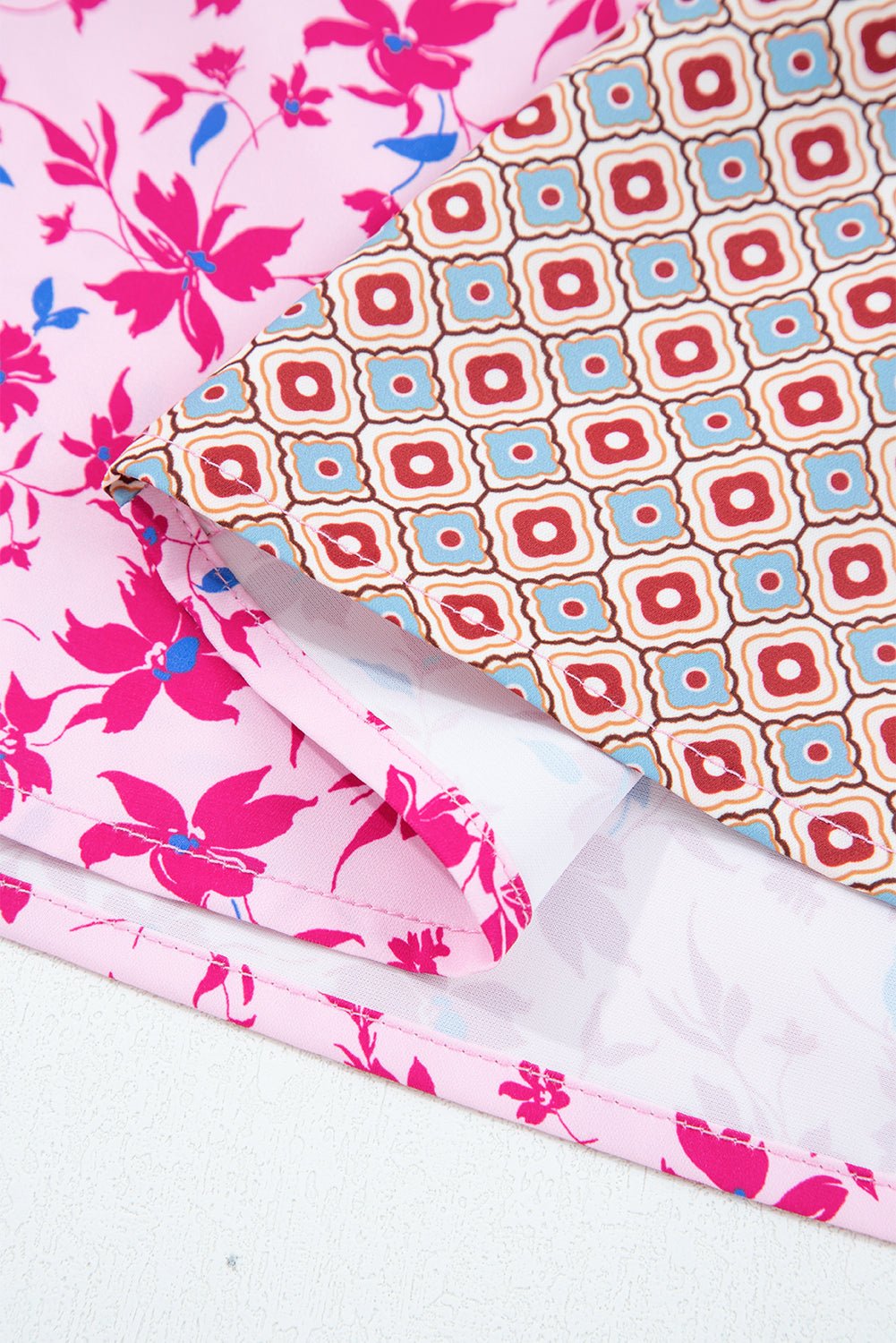 Crowned Energy CO. Pink / S / 100%Polyester Dear-Lover Dropshipping Tops/Blouses & Shirts Pink Boho Mixed Floral Drop Shoulder Bubble Sleeve Blouse