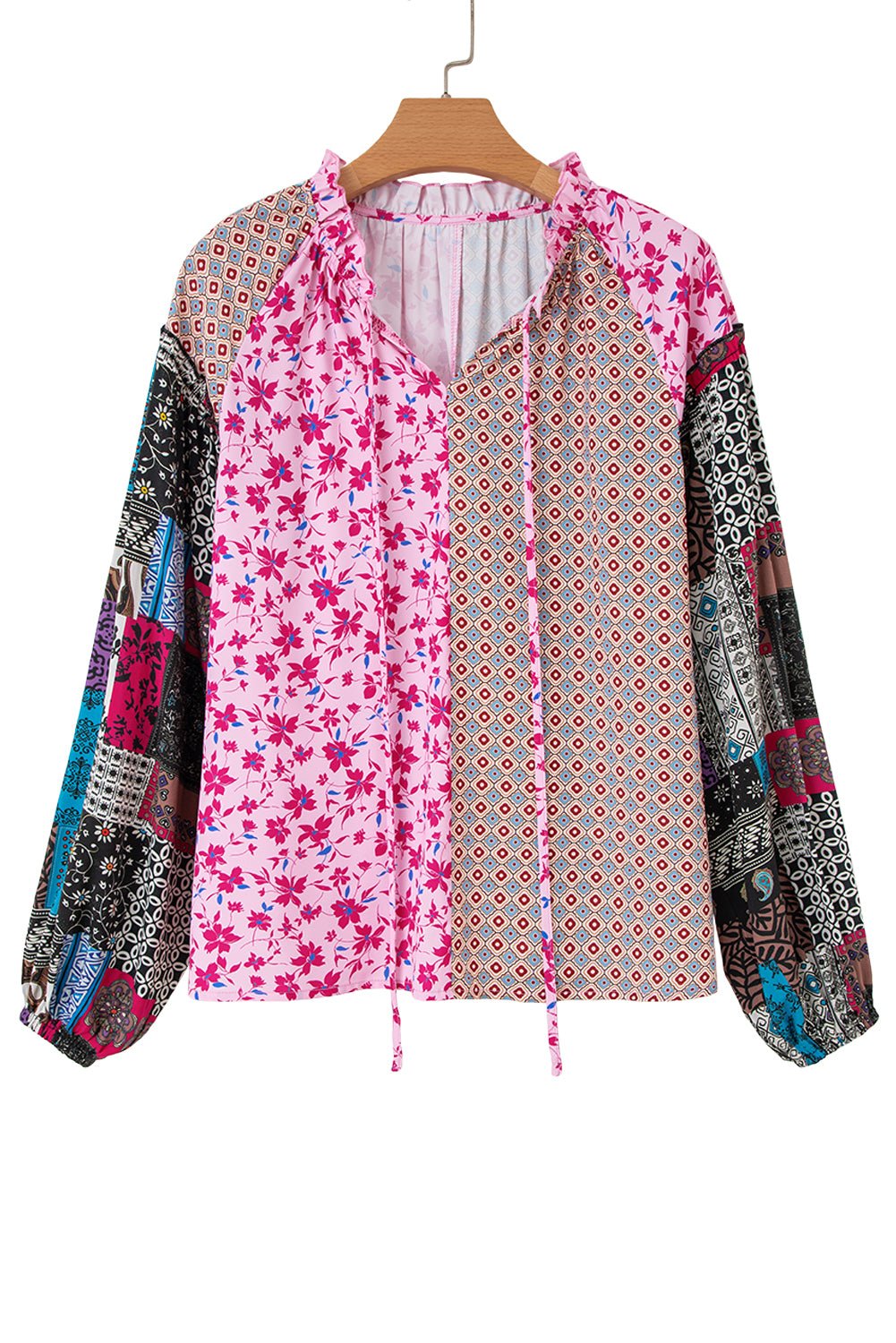 Crowned Energy CO. Pink / S / 100%Polyester Dear-Lover Dropshipping Tops/Blouses & Shirts Pink Boho Mixed Floral Drop Shoulder Bubble Sleeve Blouse